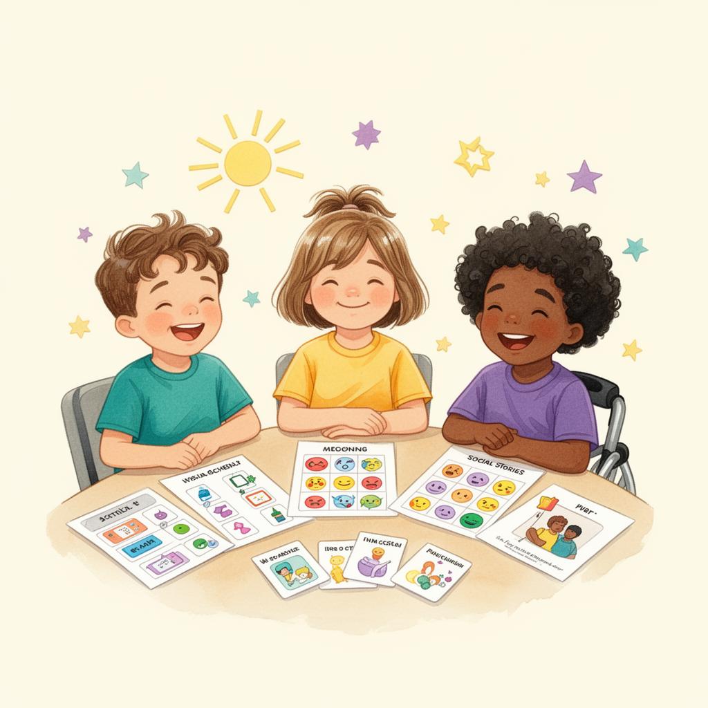 Three diverse, smiling neurodivergent children at a sunny table with personalised printable resources